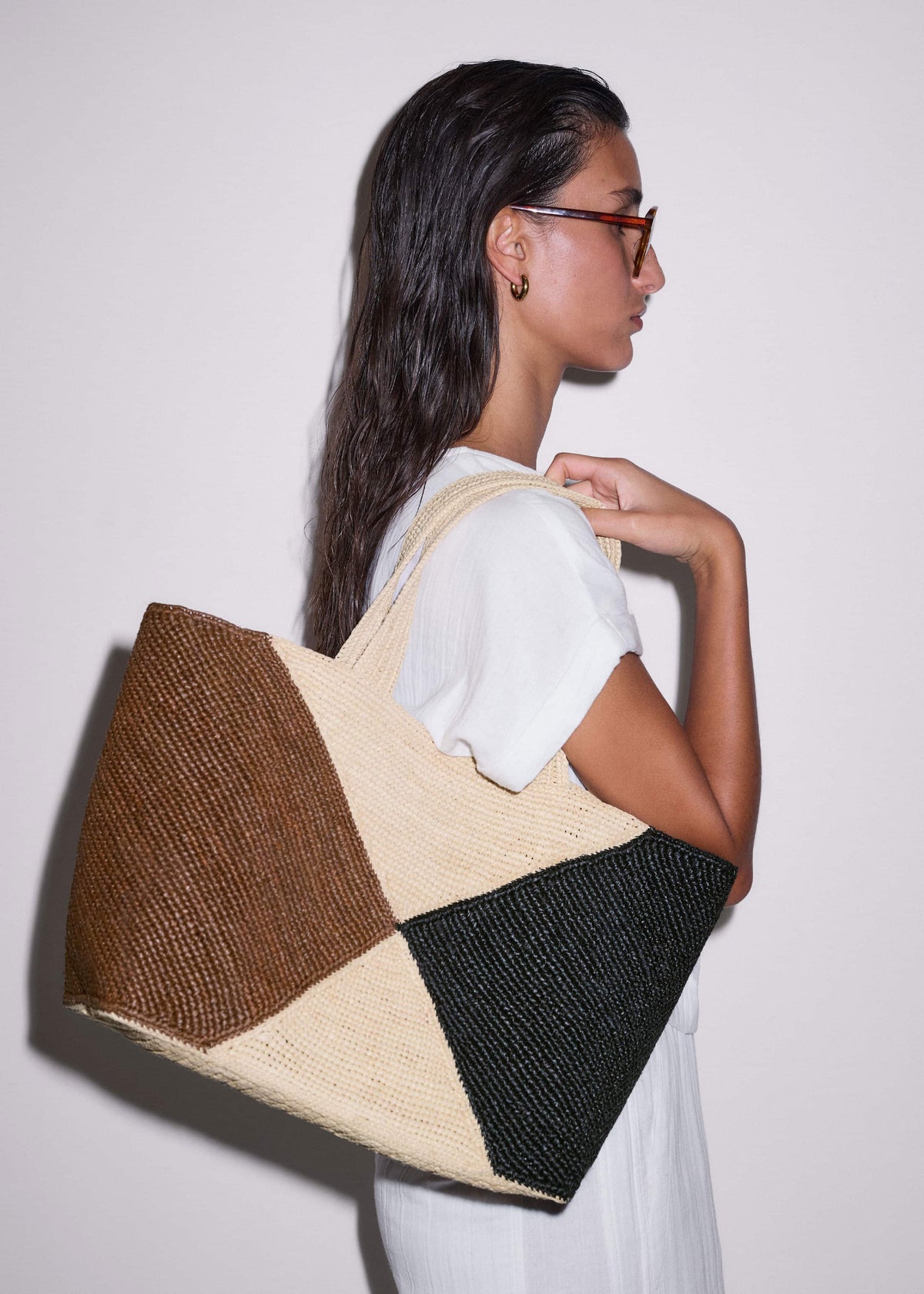ME+EM Clothing|Accessories Brown Contrast Raffia Tote Bag