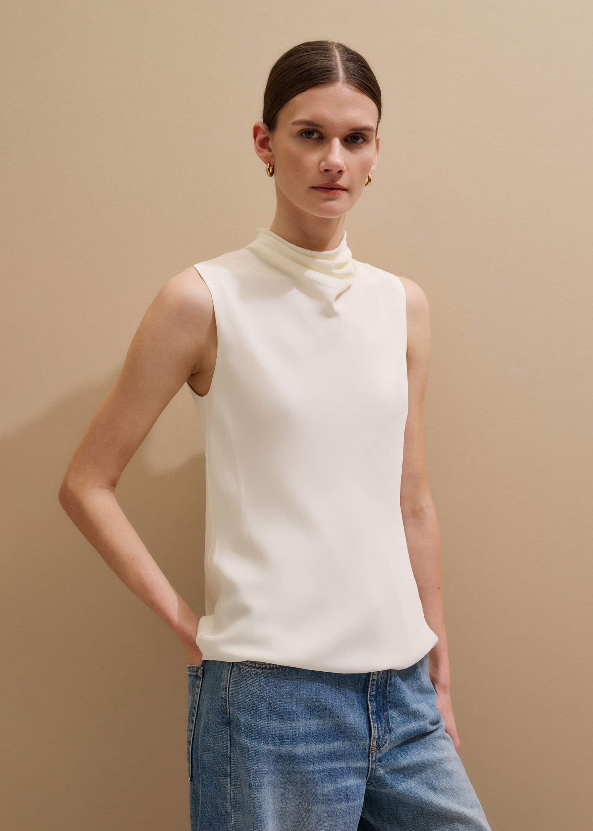 ME+EM Clothing Cream Silk Elevated Cowl Neck Top