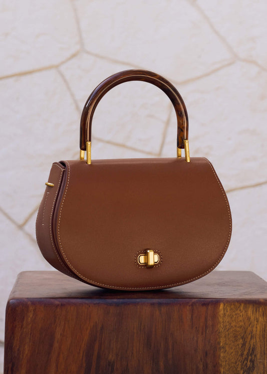 ME+EM Clothing Dark Tan Resin Top Handle Structured Saddle Bag