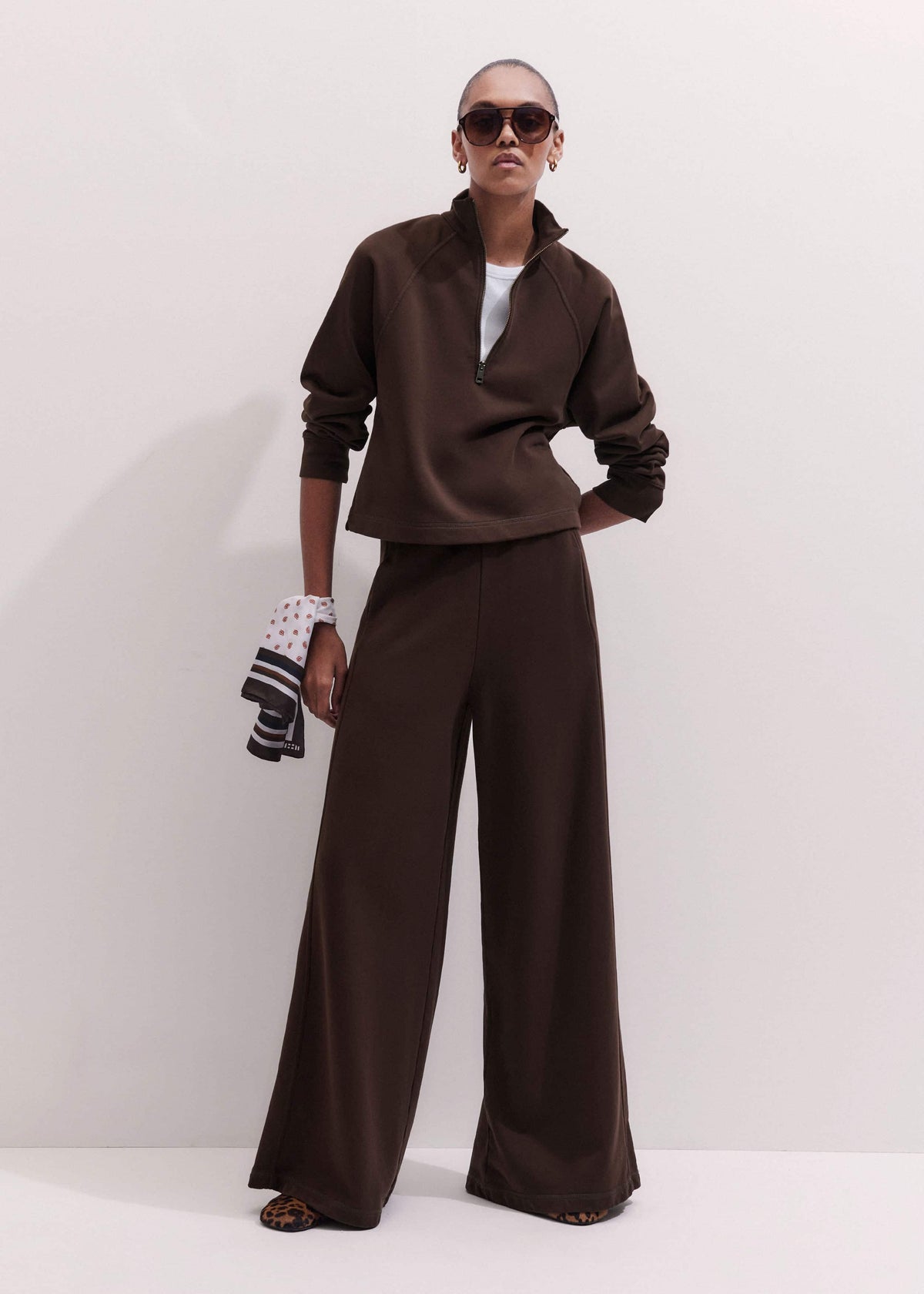 ME+EM Clothing Brown High Zip Neck Crop Top + Wide-Leg Track Pant Co-ord
