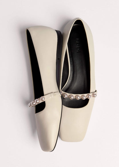 ME+EM Accessories Off White Faux Pearl Square Toe Ballerina Flat