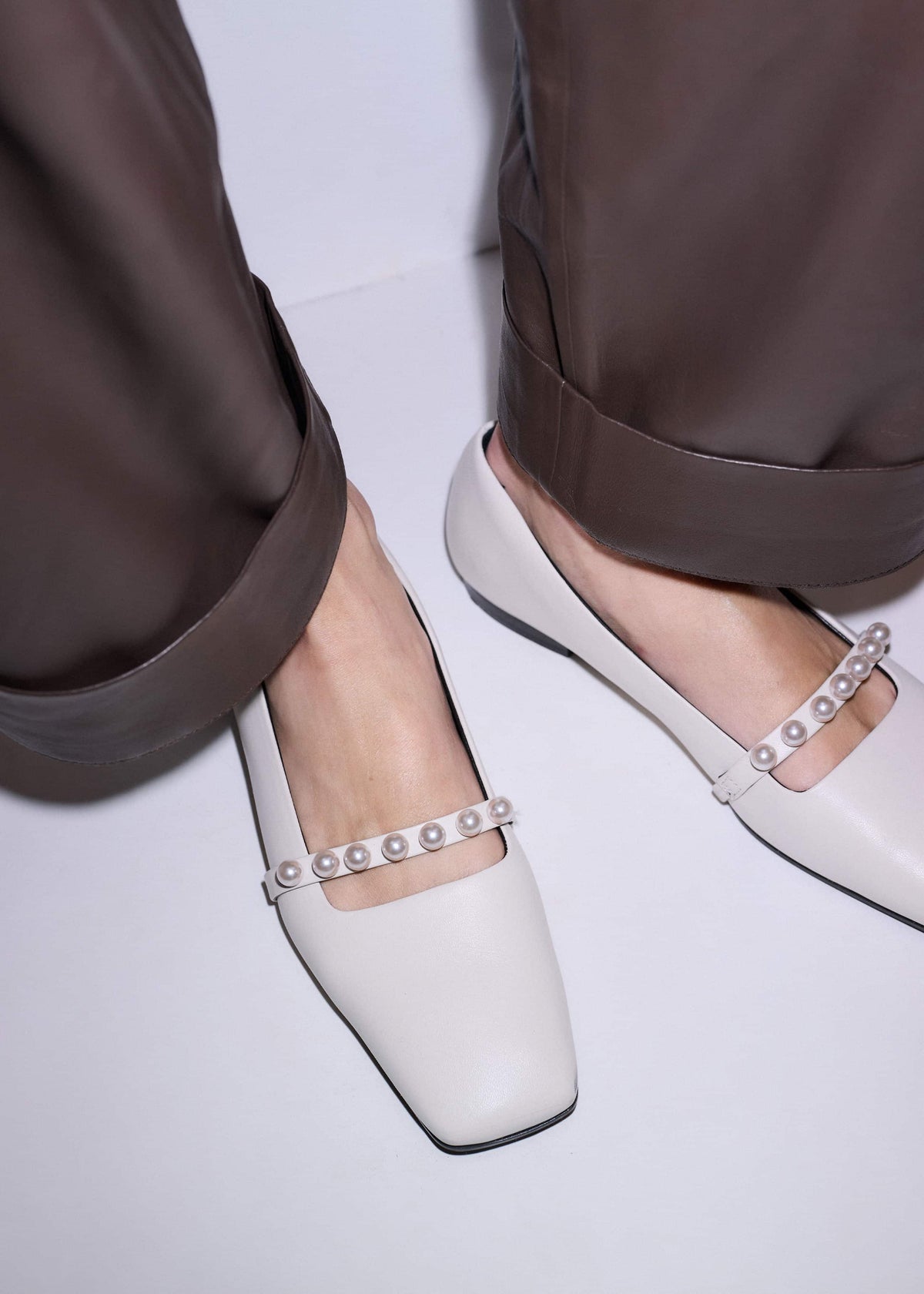 ME+EM Accessories Off White Faux Pearl Square Toe Ballerina Flat
