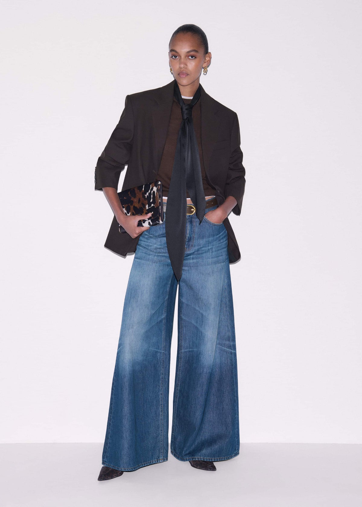 ME+EM Accessories Brown Leather Cow Print Envelope Clutch Bag