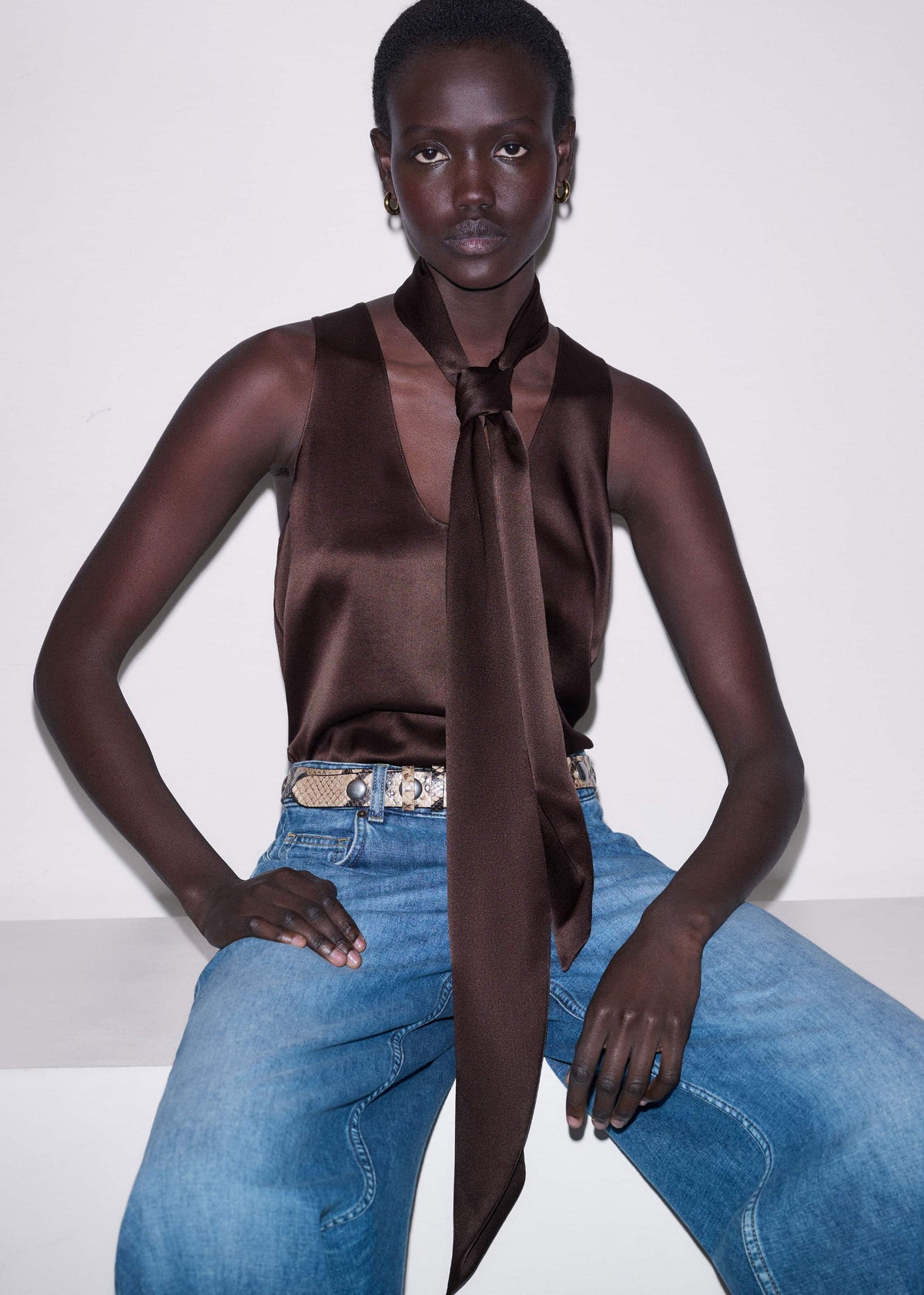 ME+EM Accessories Brown Silk Satin Evening Scarf