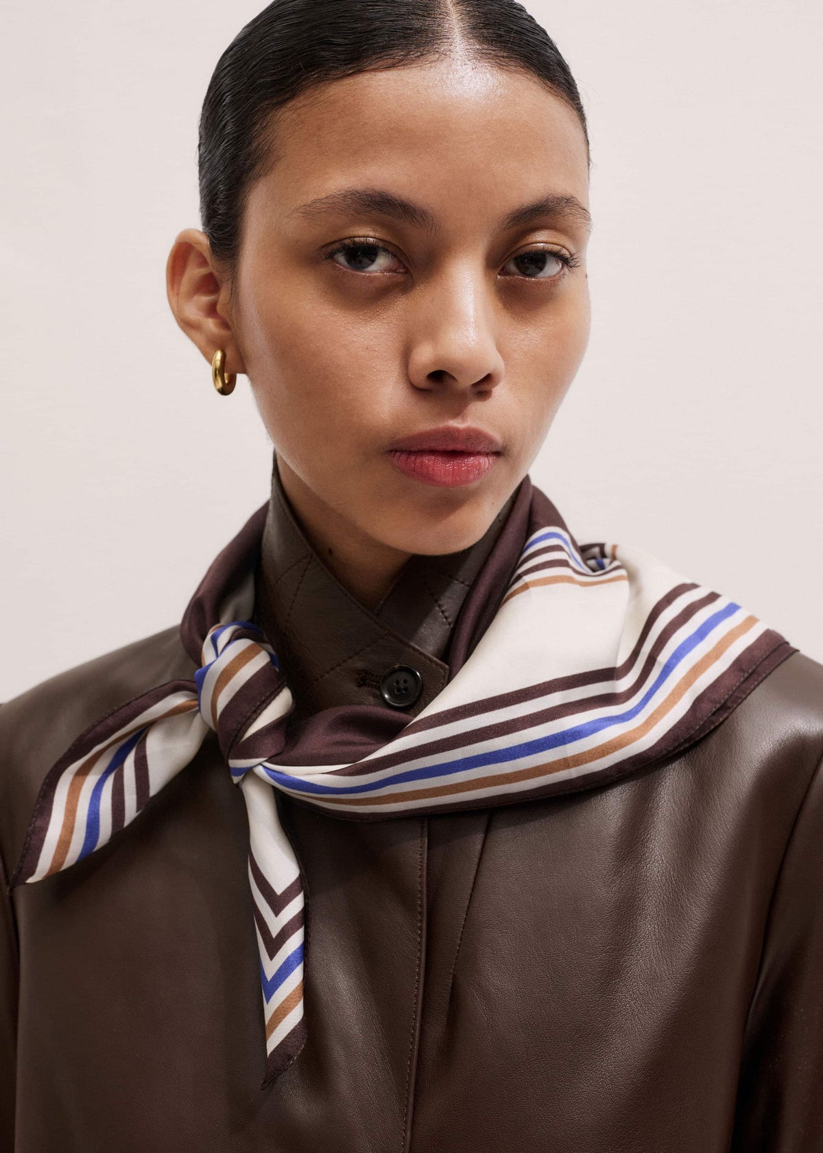 ME+EM Accessories Brown Striped Silk Multi-Border Scarf
